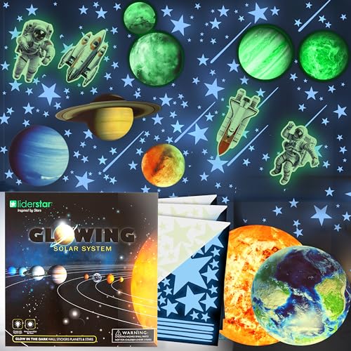 LIDERSTAR Glow in The Dark Stars and Planets, Bright Solar System Wall Stickers - USA Astronaut Spaceship, Ceiling Decals for Kids Bedroom Any Room, Shining Space Decoration, Birthday Gift for Boys and Girls - Image 1
