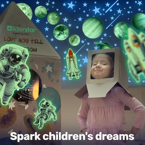 LIDERSTAR Glow in The Dark Stars and Planets, Bright Solar System Wall Stickers - USA Astronaut Spaceship, Ceiling Decals for Kids Bedroom Any Room, Shining Space Decoration, Birthday Gift for Boys and Girls - Image 2