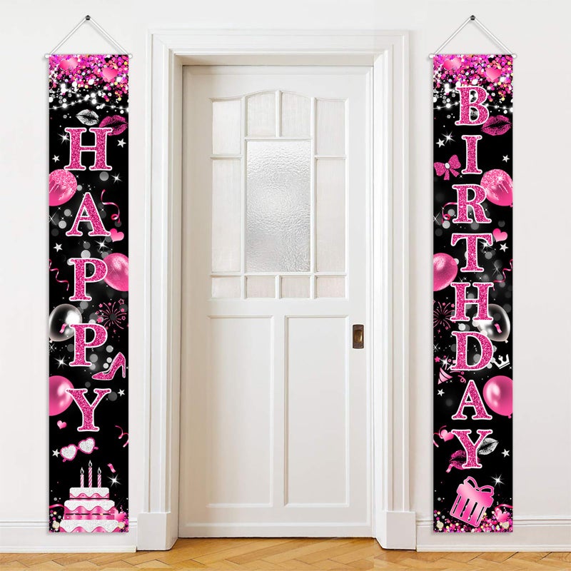 Avezano Pink and Black Birthday Decorations Happy Birthday Door Banner for Women Girls Pink Party Decorations Supplies - Image 2