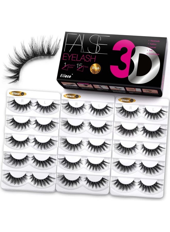 Eliace False Eyelashes Cat Eye-Lashes 3D Mink Lashes,Spiky Wispy Natural Long Faux Mink Lashes Strips Soft & Reusable Makeup Professional Fake Eyelashes Pack 15 Pairs | Trish Style - Image 1
