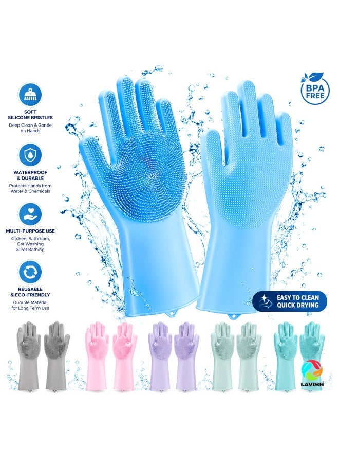 Lavish Silicone Dishwashing Gloves Magic Cleaning Gloves Reusable Scrubber Gloves for Kitchen Car Bathroom and Pet Grooming Multicolor 1 Pair - Image 3