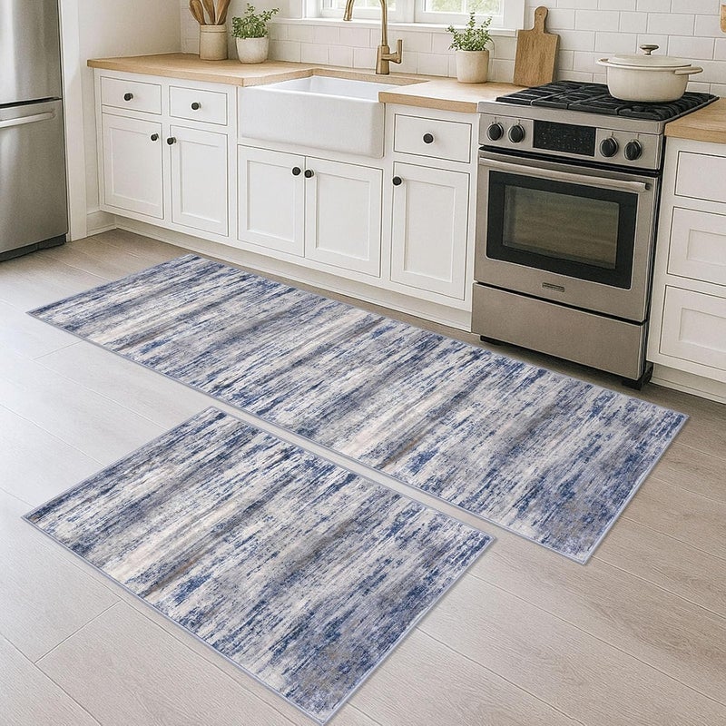 KOZYFLY Modern Abstract Area Rugs 2PCS 2x3 and 2x6 Blue-Grey Machine Washable Runner Rug Non-Slip Living Room Rug, Faux Wool Soft Low Pile Office Carpet for Hallway Entryway Bathroom Bedroom - Image 1