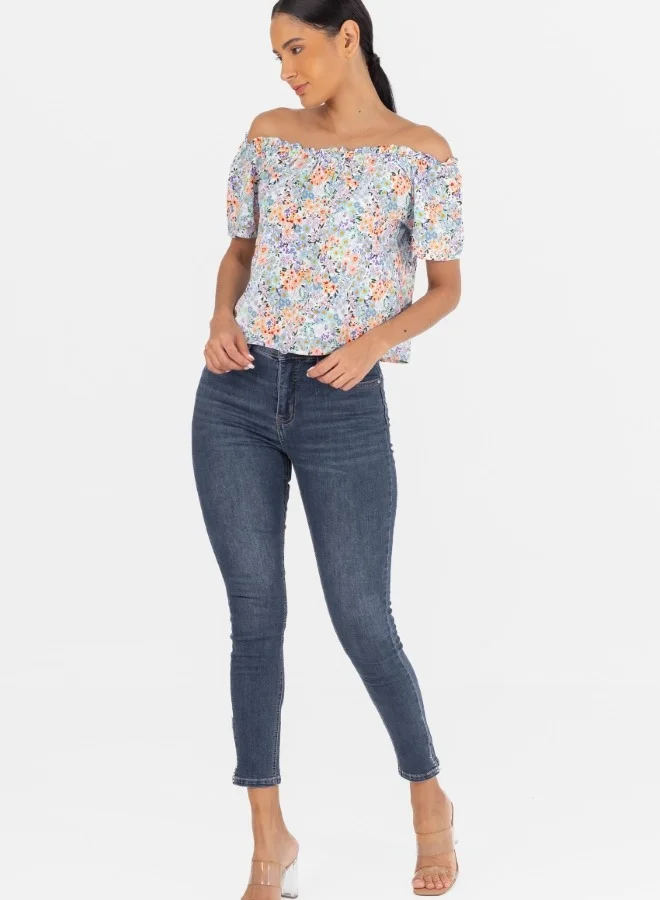 HaILYS Off-Shoulder Floral Print Short Sleeve Blouse - Multicolor