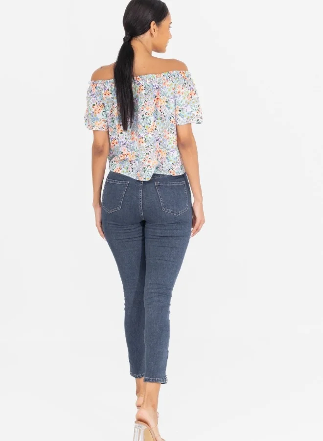 HaILYS Off-Shoulder Floral Print Short Sleeve Blouse - Multicolor