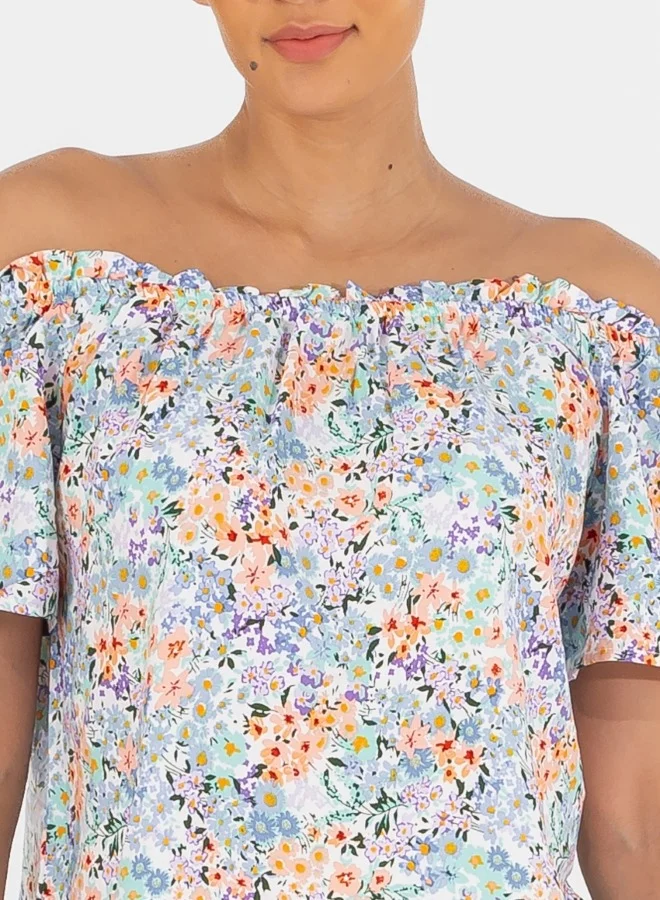 HaILYS Off-Shoulder Floral Print Short Sleeve Blouse - Multicolor