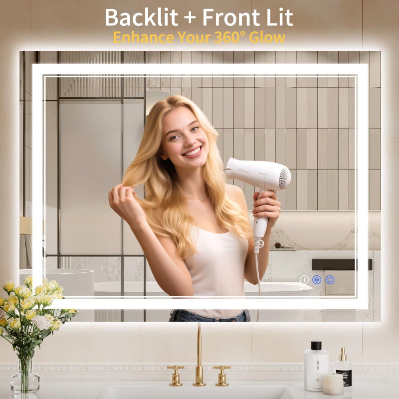 WISSMIELS 30"x40" LED Bathroom Mirror with Lights, Anti-Fog, Backlit + Front Lit, Dimmable, Led Vanity Mirror for Wall, Lighted Bathroom Mirror, 3 Colors, Shatter-Proof Tempered Glass - Image 2