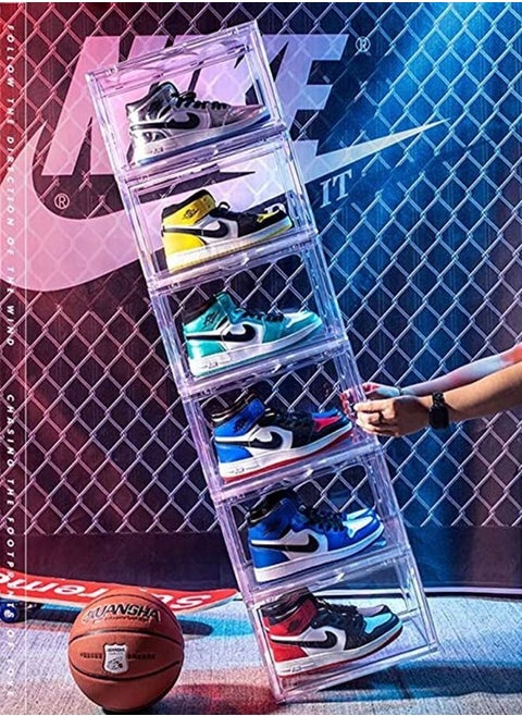 6-Pcs Shoe Boxes Clear Plastic Stackable Sneaker Storage Boxes with Magnetic Door, Acrylic Boxes for Display, Side Open Shoe Box Clear Shoe Boxes Stackable Shoe Containers