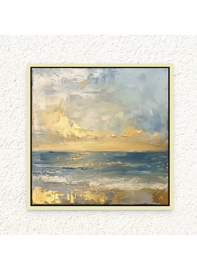 Art Decor - Art Decor Framed Canvas Wall Art of Abstract Beach Painting Square Blue and Gold Seascape Print Wall Decor for Home Office Living Room Bedroom Gifting - Image 1