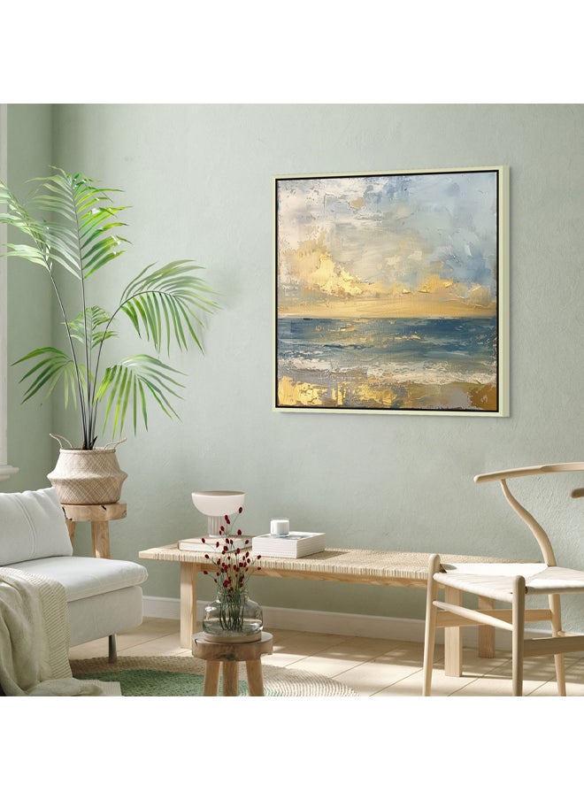 Art Decor - Art Decor Framed Canvas Wall Art of Abstract Beach Painting Square Blue and Gold Seascape Print Wall Decor for Home Office Living Room Bedroom Gifting - Image 1