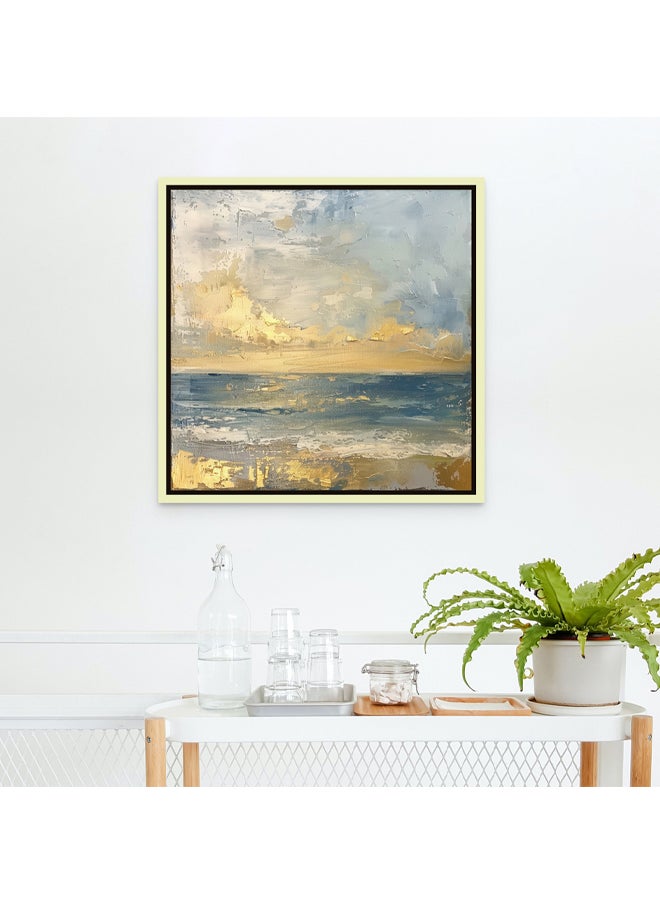 Art Decor - Art Decor Framed Canvas Wall Art of Abstract Beach Painting Square Blue and Gold Seascape Print Wall Decor for Home Office Living Room Bedroom Gifting - Image 1