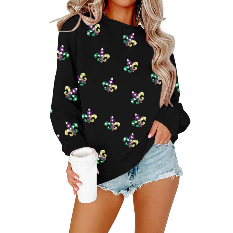 LUKYCILD Mardi Gras Sweatshirt Women Mardi Gras Day Mask T-Shirt Fat Tuesday Carnival Long Sleeve Shirt New Orleans Party Top Black - Image 1