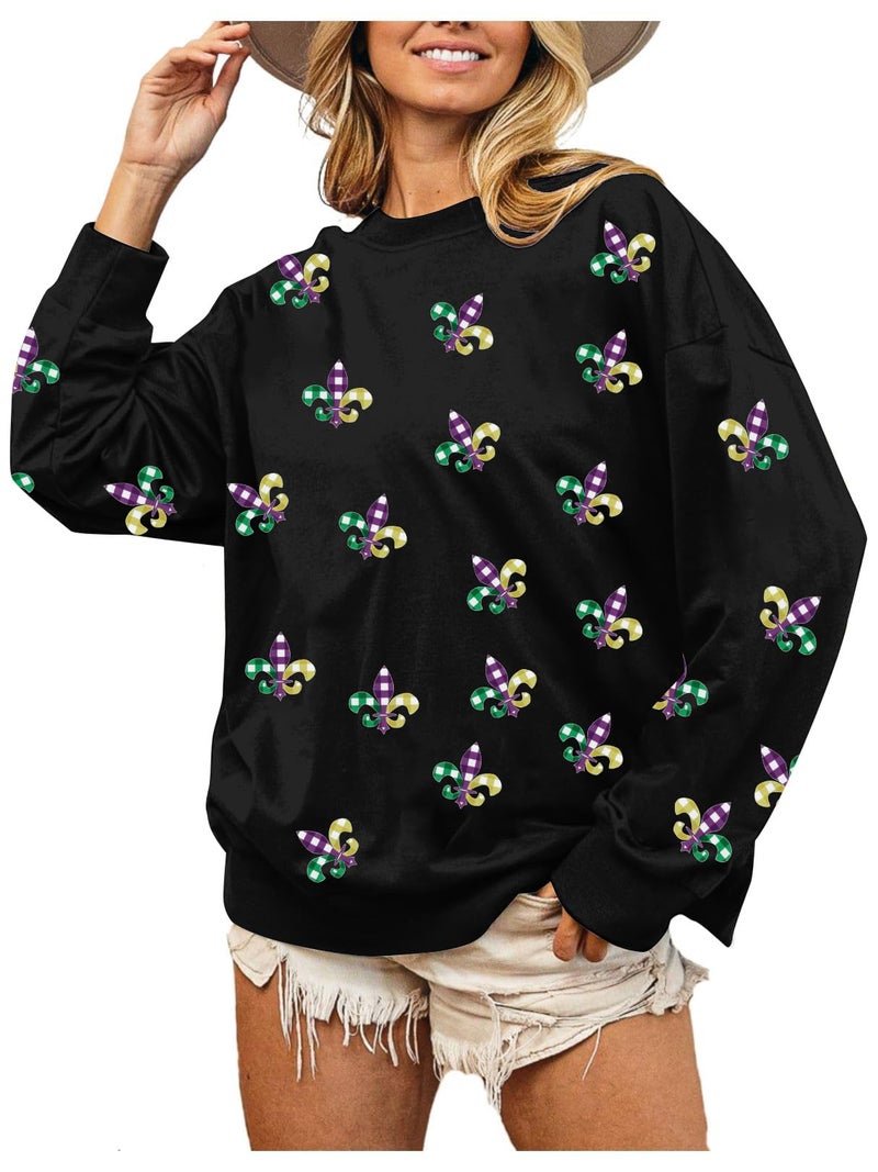 LUKYCILD Mardi Gras Sweatshirt Women Mardi Gras Day Mask T-Shirt Fat Tuesday Carnival Long Sleeve Shirt New Orleans Party Top Black - Image 2