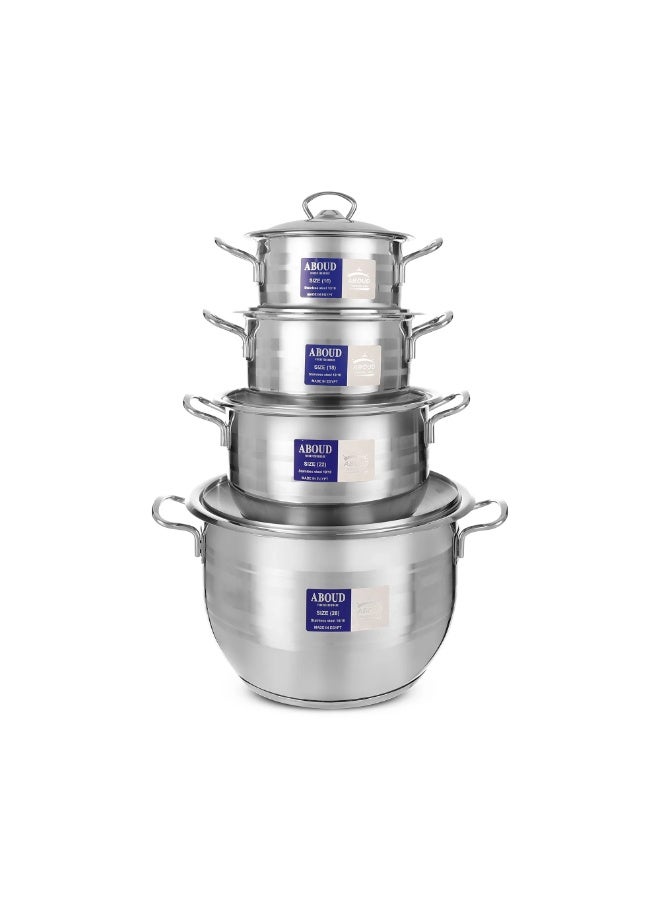 Aboud Cookware Set, 8 Pieces, Stainless Steel Cylnderical Shap Pot, with Stainless Steel Flat Lid with a Triangular Handle, Sizes (16,18, 20, 24, 28) - Silver - Image 1