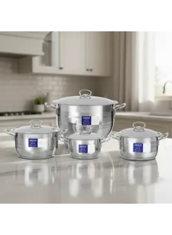 Aboud Cookware Set, 8 Pieces, Stainless Steel Cylnderical Shap Pot, with Stainless Steel Flat Lid with a Triangular Handle, Sizes (16,18, 20, 24, 28) - Silver - Image 2
