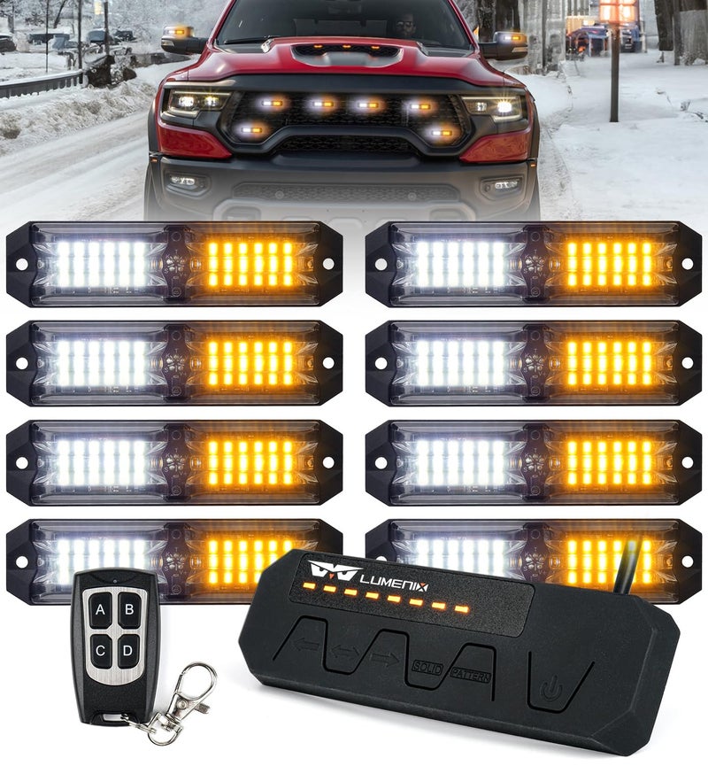 LUMENIX Grille Strobe Lights Kits for Trucks wController 8PCs HighIntensity LED Deck Surface Mount Emergency Construction Vehicles Snowplow Towing Side Marker Flashing Warning Light White Amber