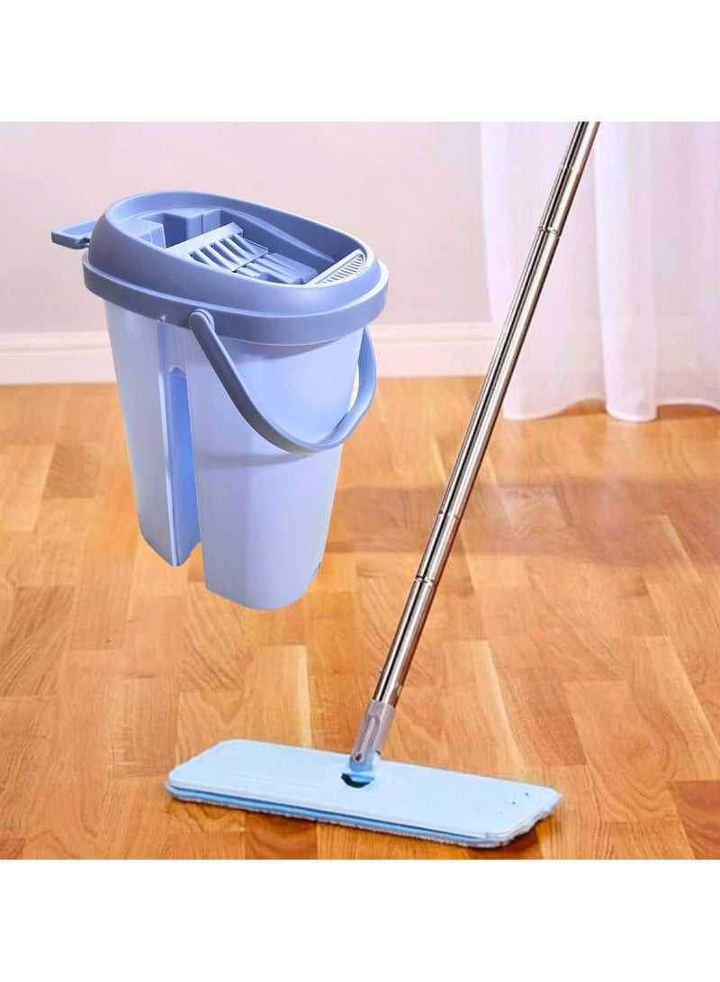 Self Cleaning Heavy Duty Flat Mop and Bucket Set - 2 in 1 Wet & Dry Mop with Dual Chamber Wringer, 360 Degree Flexible Mop Head, Reusable Pad for All Floor Types (Light Blue) - Image 1