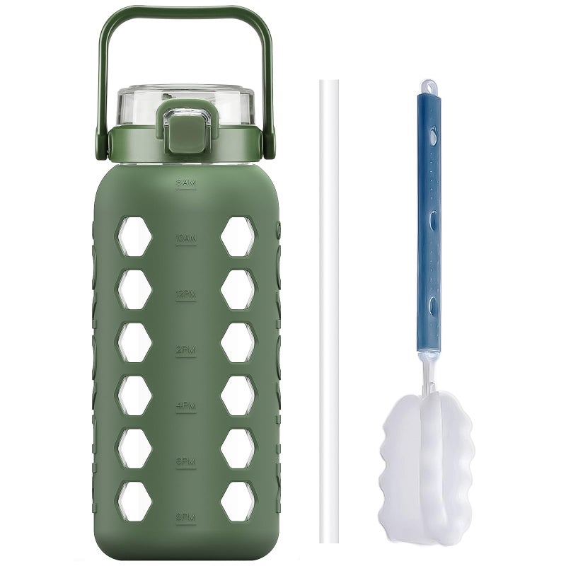MUKOKO Half Gallon64 oz Glass Water Bottles with Straw and LidMotivational Water Jug with Time Marker Reminder and Silicone Sleeve100 Leakproof BPA Free Fitness Sports Large BottleOlive