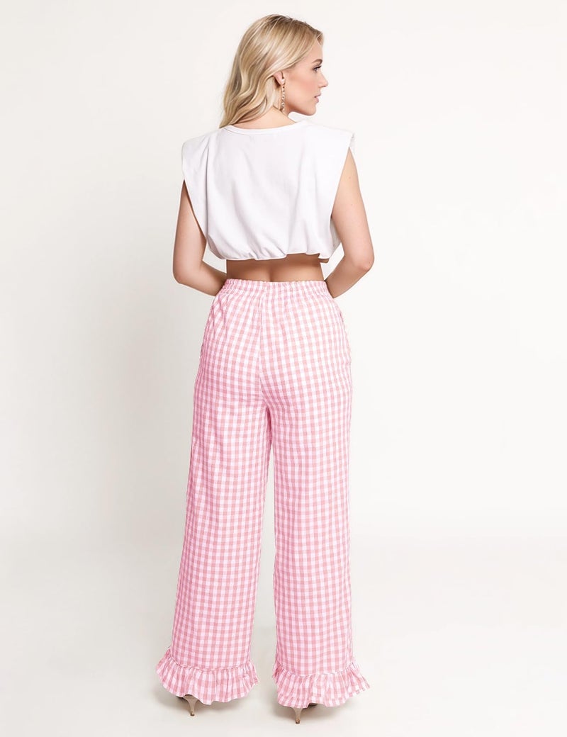 Flygo Women's Gingham Pants Y2K Cotton Wide Leg Ruffle Hem Lounge Pants Plaid Elastic Wasited Trouser with Pockets(Pink-XL) - Image 3