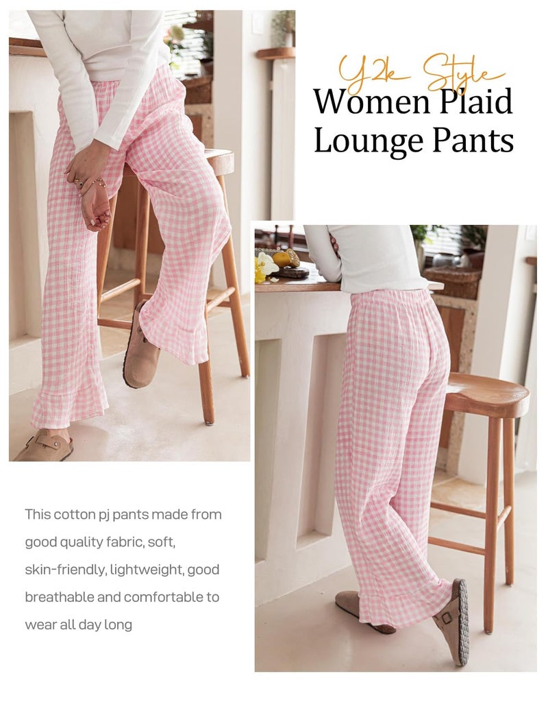 Flygo Women's Gingham Pants Y2K Cotton Wide Leg Ruffle Hem Lounge Pants Plaid Elastic Wasited Trouser with Pockets(Pink-XL) - Image 4