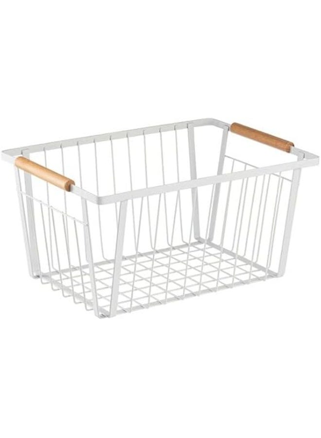 سبيس شوب سلال تخزين شبكية معدنية بمقابض خشبية تستخدم لتنظيم العناصر في غرف مختلفة من المنزل مثل غرفة المعيشة أو غرفة النوم أو الحمام (أبيض صغير) - Image 1