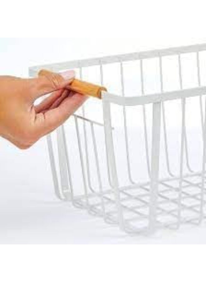 سبيس شوب سلال تخزين شبكية معدنية بمقابض خشبية تستخدم لتنظيم العناصر في غرف مختلفة من المنزل مثل غرفة المعيشة أو غرفة النوم أو الحمام (أبيض صغير) - Image 2