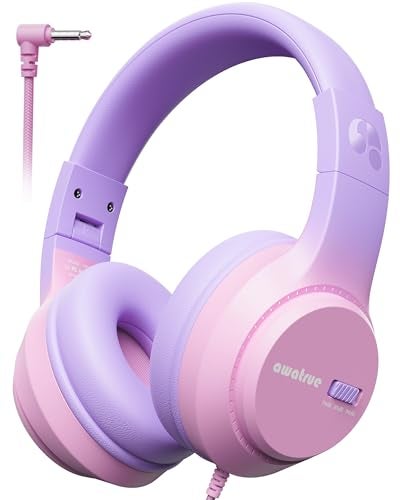 awatrue Kids Headphones, 74/85/94dB Volume Limiter, Foldable Wired Over Ear Headphones for Travel, 3.5mm Jack, Toddler Headphones for School, Chromebook, iPad, Tablet, Purple Pink - Image 1