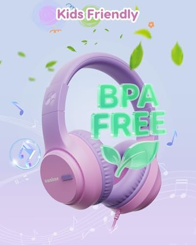 awatrue Kids Headphones, 74/85/94dB Volume Limiter, Foldable Wired Over Ear Headphones for Travel, 3.5mm Jack, Toddler Headphones for School, Chromebook, iPad, Tablet, Purple Pink - Image 4