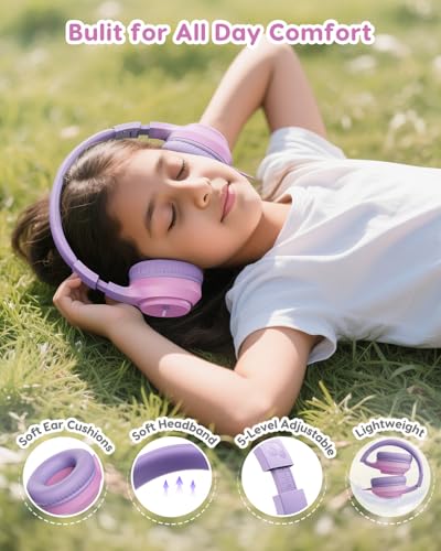 awatrue Kids Headphones, 74/85/94dB Volume Limiter, Foldable Wired Over Ear Headphones for Travel, 3.5mm Jack, Toddler Headphones for School, Chromebook, iPad, Tablet, Purple Pink - Image 5