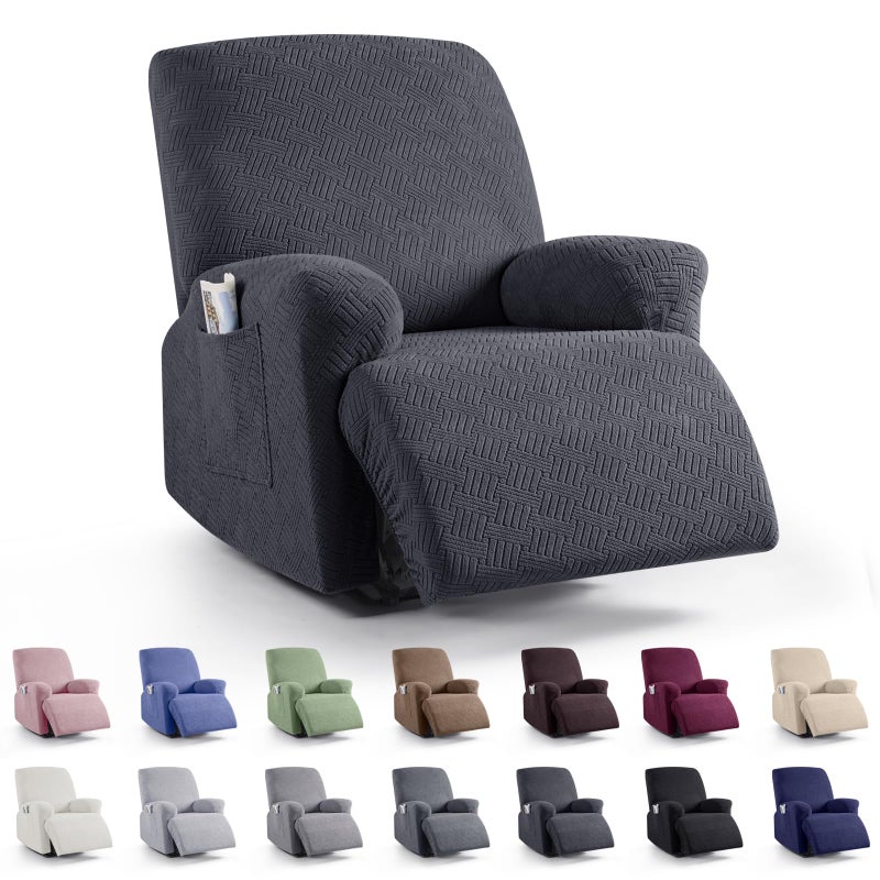KinCam Recliner Covers Stretch Reclining Chair Covers Recliner Sofa Slipcovers Stripe Jacquard Recliner Couch Covers Furniture Protector Covers for Pet Kid 1 Seater Charcoal Gray