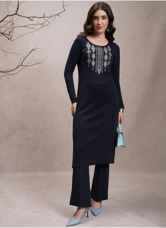 Vishudh Blue Embroidered Polycotton Kurta Set for Women by Styli