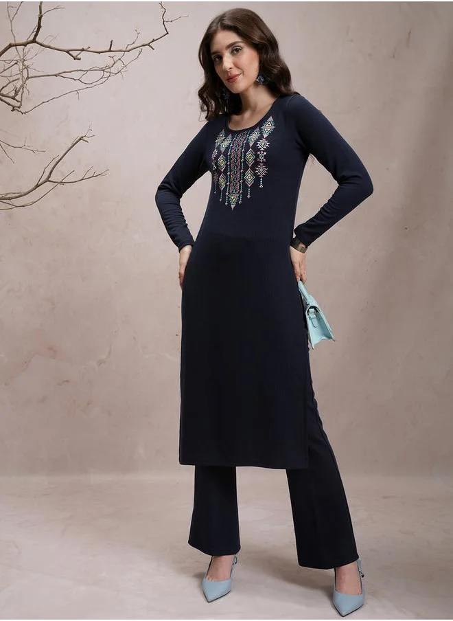 Vishudh Blue Embroidered Polycotton Kurta Set for Women by Styli