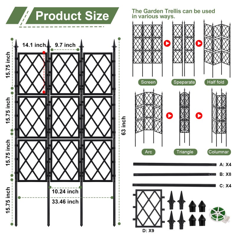 ParseBio 5.25FT Garden Trellis for Climbing Plants Outdoor, Black Iron Pipe Support Fence,Metal Wall Lattice Climbing Frame for Potted Plants Indoor for Ivy Vines Vegetable Flower, Patio, Lawn, Yard, Backyard - Image 2