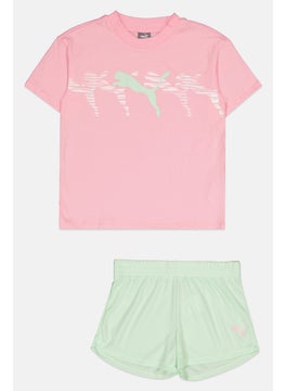 PUMA Kids Girl 2 Pieces Brand Logo T Shirt And Short Set, Pink/Mint  - Image 1