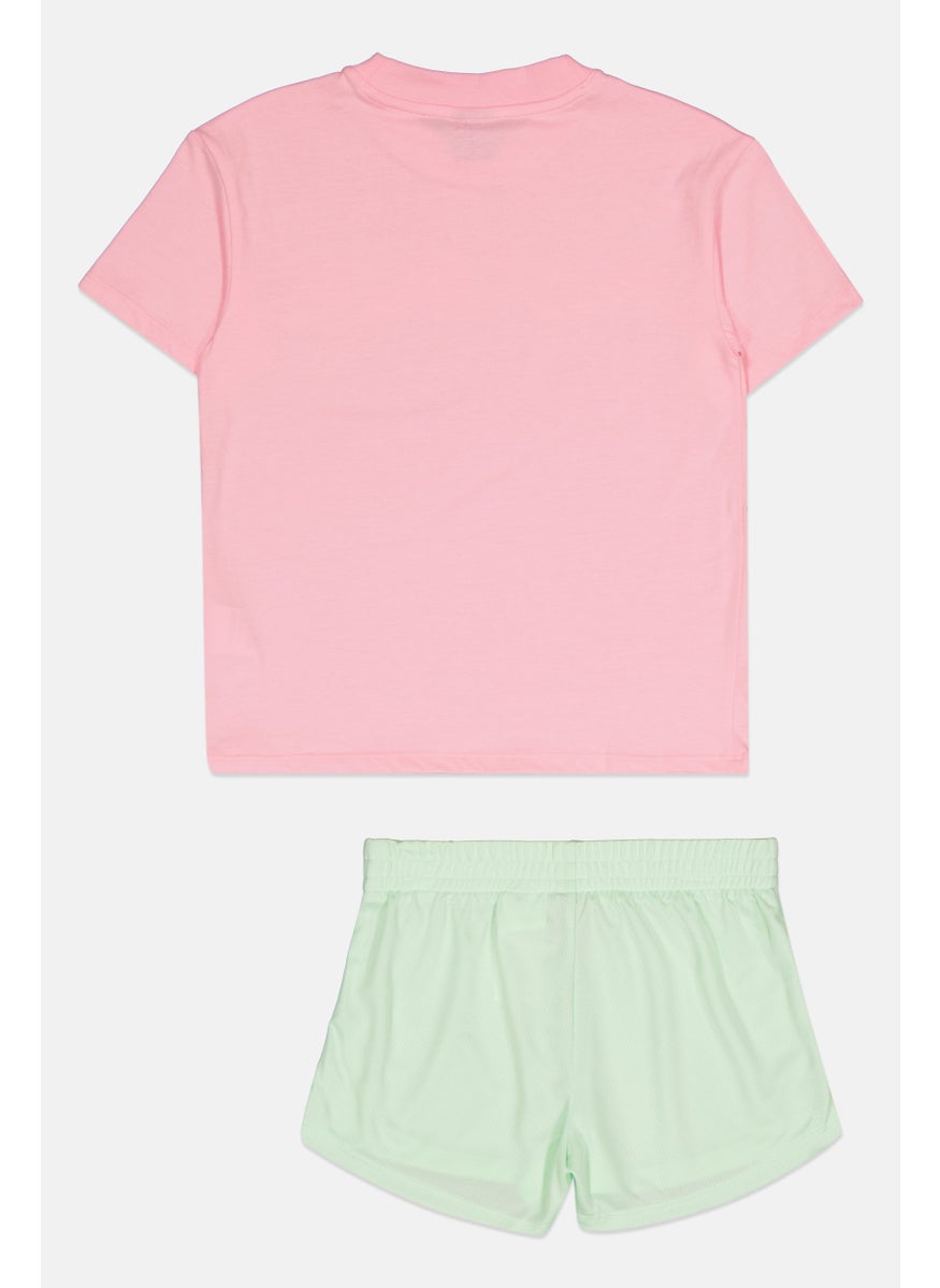 PUMA Kids Girl 2 Pieces Brand Logo T Shirt And Short Set, Pink/Mint  - Image 2