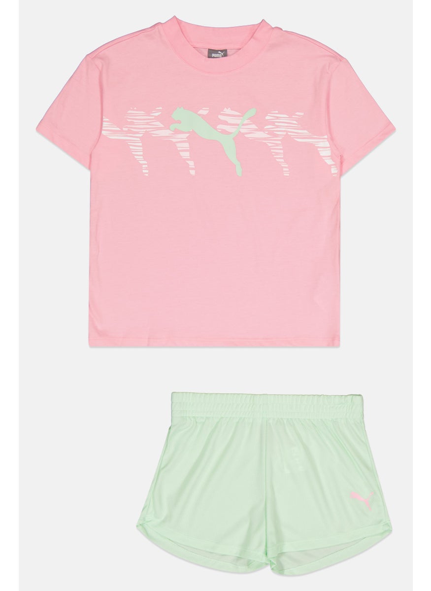 PUMA Kids Girl 2 Pieces Brand Logo T Shirt And Short Set, Pink/Mint  - Image 1