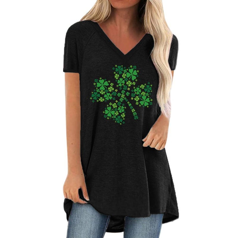 KKG Womens St Patricks Day Shirt Shamrock Long Tunics or Tops to Wear with Leggings Plus Size, Loose Fit V Neck Short Sleeves - Image 1