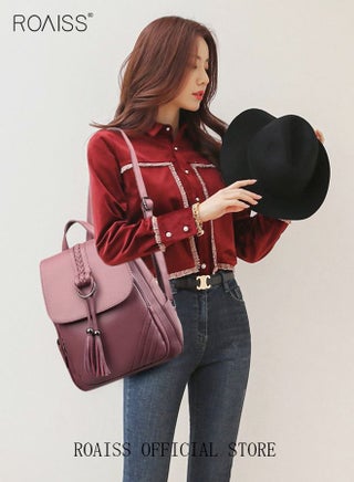 Ladies Fashion PU Leather Backpack Tassel Decor Flap Textured Knapsack Leisure Large Schoolbag Soild Travel Commute New Double Shoulder Bag for Womens College Girls Students Purple - view 3