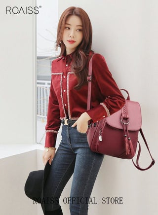 Ladies Fashion PU Leather Backpack Tassel Decor Flap Textured Knapsack Leisure Large Schoolbag Soild Travel Commute New Double Shoulder Bag for Womens College Girls Students Purple - view 2