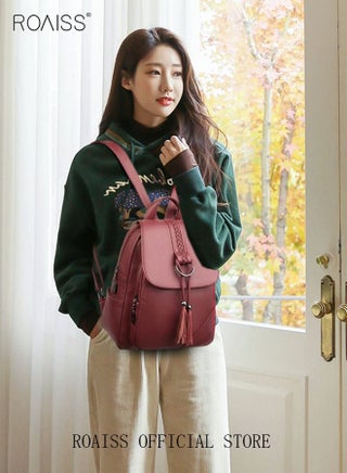 Ladies Fashion PU Leather Backpack Tassel Decor Flap Textured Knapsack Leisure Large Schoolbag Soild Travel Commute New Double Shoulder Bag for Womens College Girls Students Purple - view 4