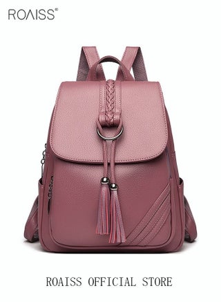 Ladies Fashion PU Leather Backpack Tassel Decor Flap Textured Knapsack Leisure Large Schoolbag Soild Travel Commute New Double Shoulder Bag for Womens College Girls Students Purple - view 5