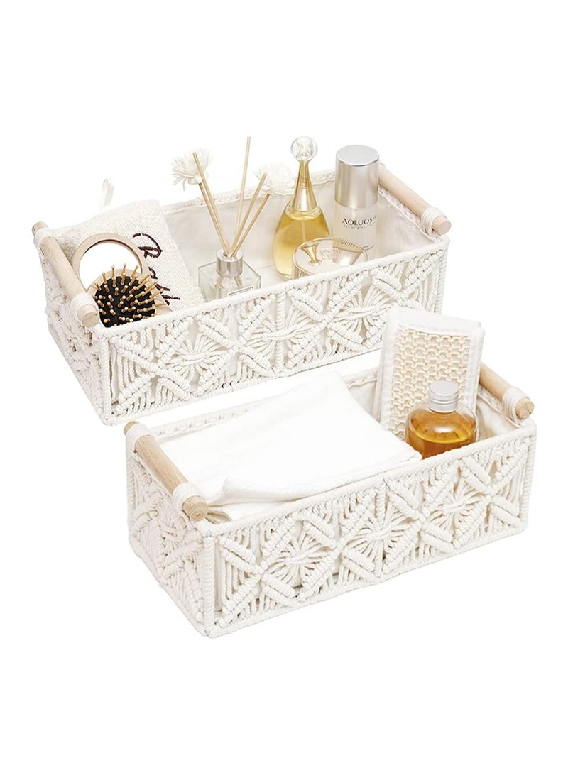 LOOPITYS 2-piece storage basket, white Bohemian style woven basket, used for organizing countertop weaving decoration, toilet paper basket, used for home decoration, bedroom, living room entrance tabletop - Image 1