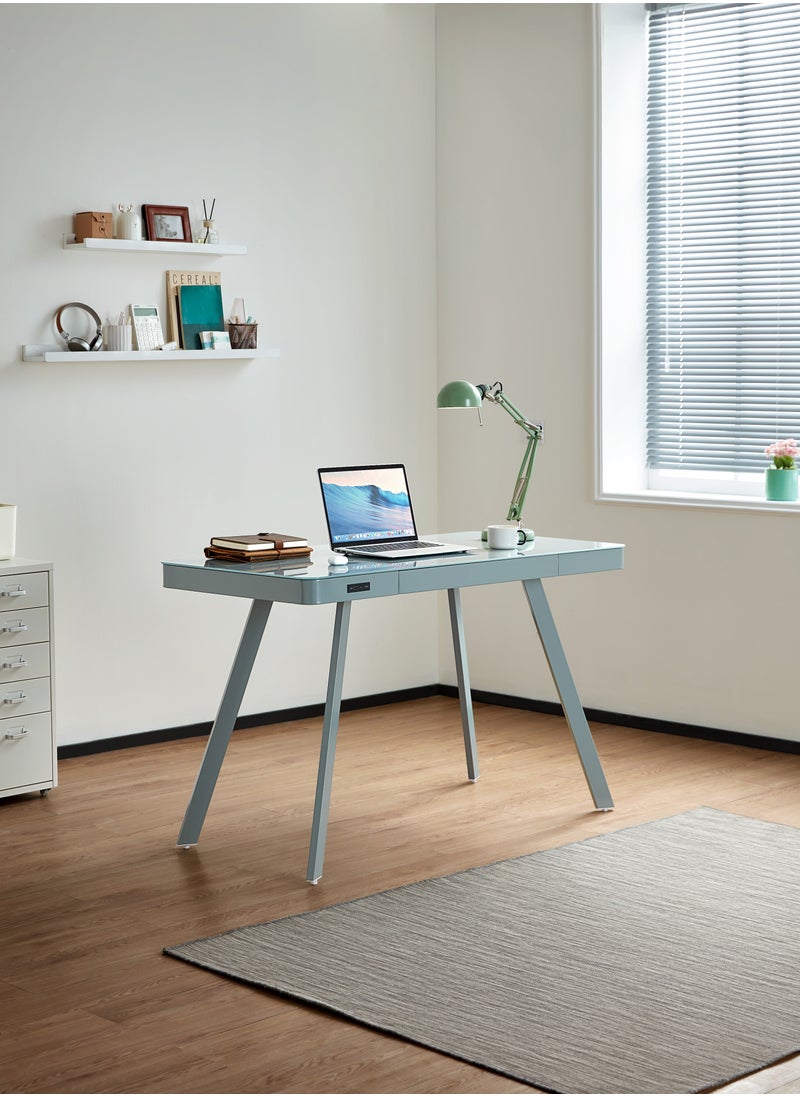 LINSY - Classic  Home Office Desk  With One Drawer, Glass Top, and USB Charger, Grey Green color, 120 L*60 W*75 H cm - pzsku/ZDC37918542F847C3A0D4Z/45/_/1707667964/71f3f36c-a9d8-48d6-a32a-5dac1df8eecf