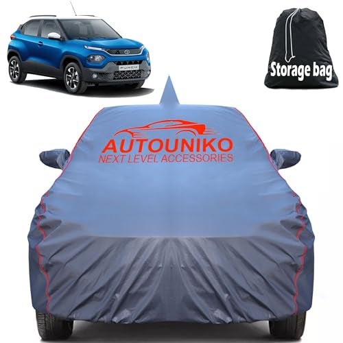 AUTOUNIKO 100% Waterproof Car Body Cover for Tata Punch with Mirror and Antenna Pocket and Soft Cotton Lining (Full Bottom Elastic Triple Stitched) (Grey with Red Piping) - Image 1