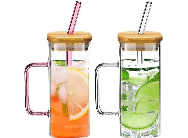 KAMVY Glass Tumbler with Colored Handle Pack of 2 400ml Coffee Sipper with Wooden Lid and Glass Straw Iced Tea Mug Clear Drinking Cup for Juice Milk Smoothie Beer - Image 1