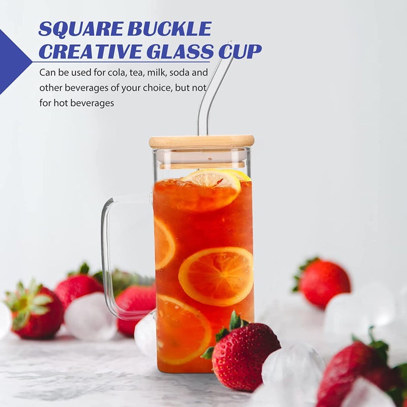 KAMVY Glass Tumbler with Colored Handle Pack of 2 400ml Coffee Sipper with Wooden Lid and Glass Straw Iced Tea Mug Clear Drinking Cup for Juice Milk Smoothie Beer - Image 4