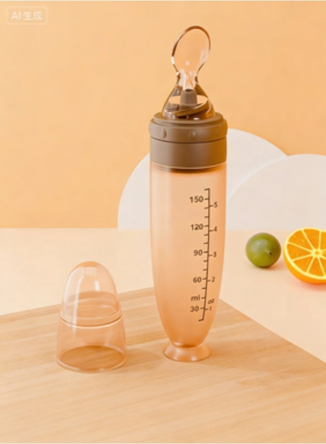 ملعقة توزيع طعام طفل سيليكون 150ml بقاعدة امتصاصية ضد التسرب ملعقة ضغطية إطعام بيد واحدة للمعجون والأطعمة الصلبة مناسبة للسفر للرضع والاطفال الصغار لون بني - Image 1