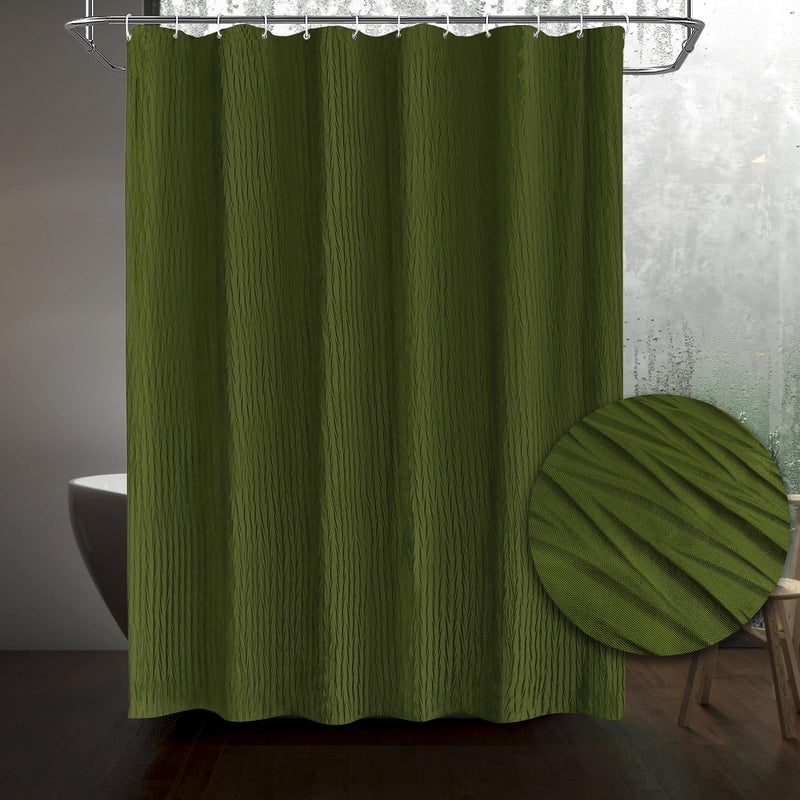 Tititex Olive Dark Green Crumpled Shower Curtain, Textured Heavy Duty 156GSM Fabric, Hotel Luxury Bathroom Decorative Waterproof Curtian 72x72 Inch with 12 Hooks - Image 2
