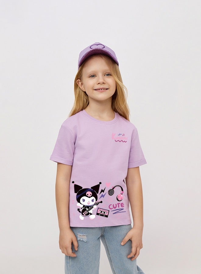 Unisex Kids Cotton Printed T-Shirt - Soft Breathable Round Neck Short Sleeves, Lightweight & Durable Tops, Ideal for School and Playtime, Purple  - Image 1