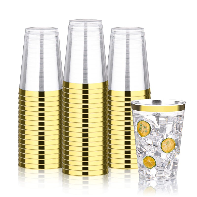 BESTVIP 12oz Gold Plastic Cups  100 Pack Gold Rimmed Disposable Cups  Heavy-duty Party Cocktail Glasses  Plastic Cups for Party  Holiday  Wedding and Birthday - Image 1