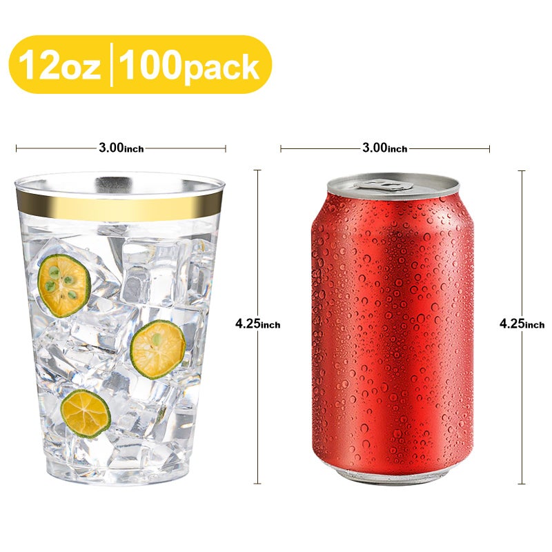BESTVIP 12oz Gold Plastic Cups  100 Pack Gold Rimmed Disposable Cups  Heavy-duty Party Cocktail Glasses  Plastic Cups for Party  Holiday  Wedding and Birthday - Image 2
